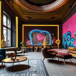 **A luxurious hotel lobby in Berlin, showcasing industrial-chic design with neon art installations, graffiti art on the walls, and repurposed furniture, bustling with guests and local artists interacting.**