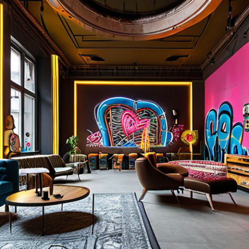 Home 11 **A luxurious hotel lobby in Berlin, showcasing industrial-chic design with neon art installations, graffiti art on the walls, and repurposed furniture, bustling with guests and local artists interacting.**