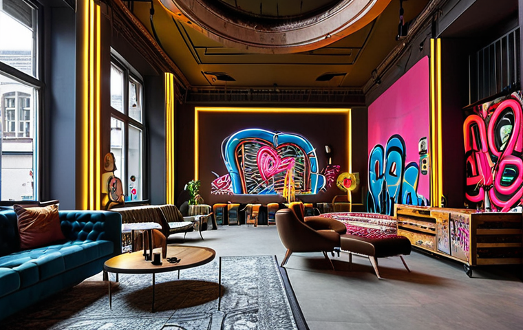 **A luxurious hotel lobby in Berlin, showcasing industrial-chic design with neon art installations, graffiti art on the walls, and repurposed furniture, bustling with guests and local artists interacting.**