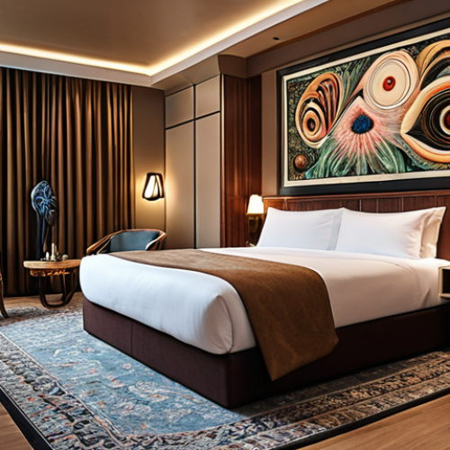 Home 6 **
`Luxurious hotel room, original art on walls, sculptures, interactive art installations, unique aesthetic experience, supporting local artists, elegant.`
**