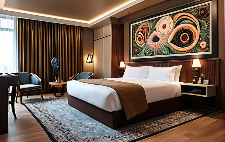 **
`Luxurious hotel room, original art on walls, sculptures, interactive art installations, unique aesthetic experience, supporting local artists, elegant.`
**